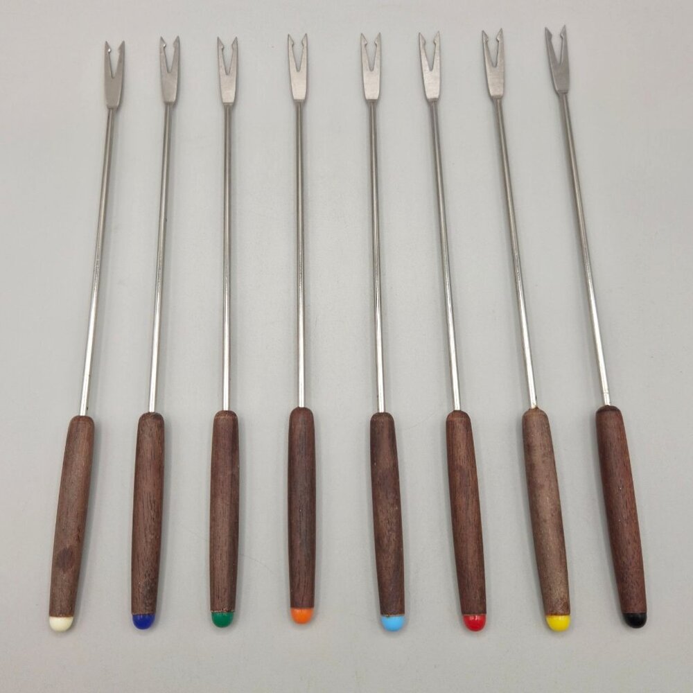 Stainless Steel Fondue Forks Wood Handles Color Tips Japan Set of 8